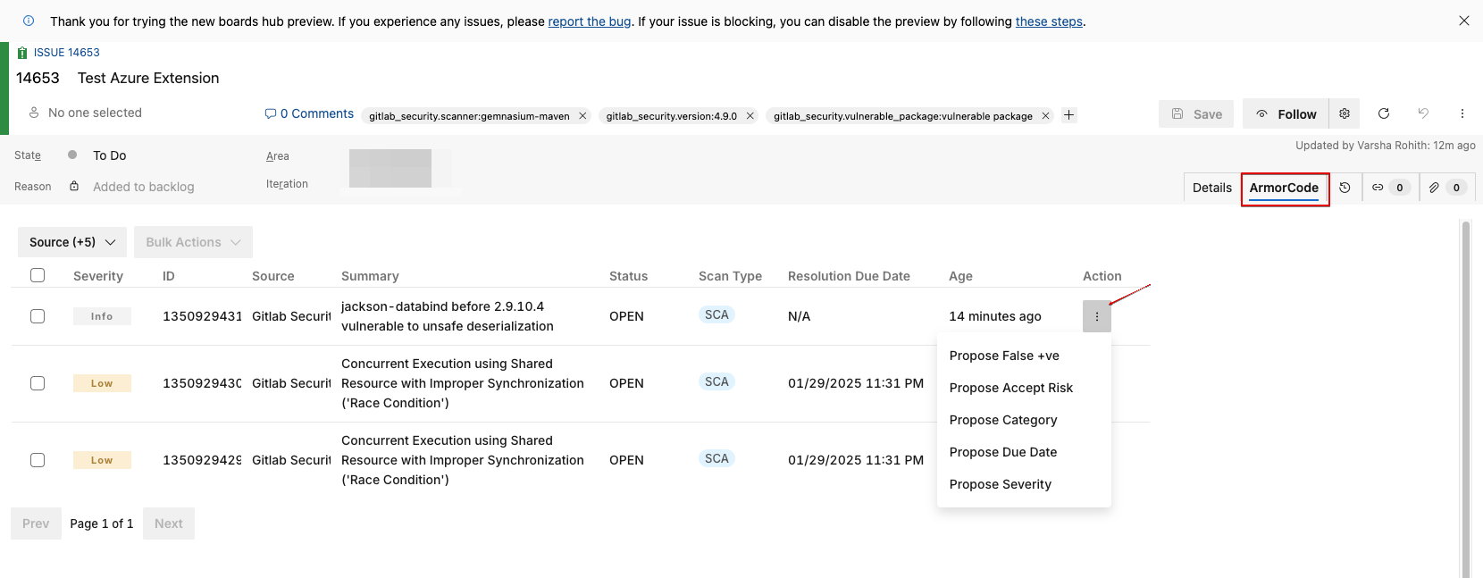 ArmorCode Connect Extension Propose Actions Azure DevOps work item